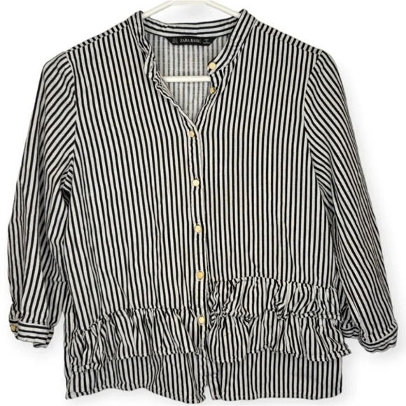 Zara Basic Black & White Gold Cream Button Down Front Ruffle Top Women Small - Picture 1 of 9
